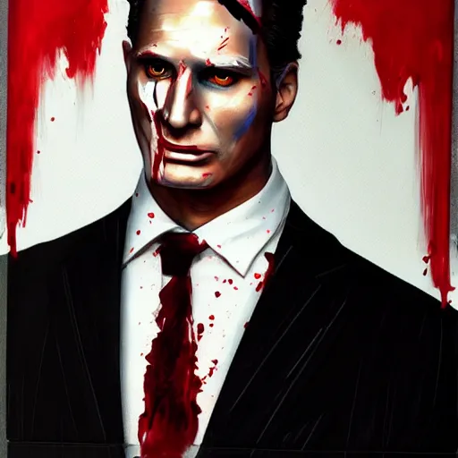 Prompt: Portrait of Patrick Bateman with blood on his face facing right. painting. Trending on artstation