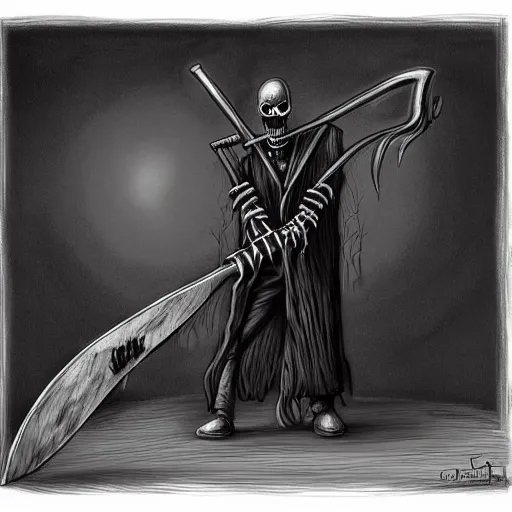 Image similar to surrealism grunge cartoon portrait sketch of the Grim Reaper with a scythe, by michael karcz, loony toons style, freddy krueger style, horror theme, detailed, elegant, intricate