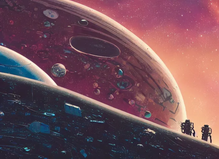Image similar to close up view of a bustling space port on an alien planet by jeff darrow and moebius, earth and pastel colors, dramatic perspective, highly detailed, ultra realistic, masterpiece, 4 k, 8 k