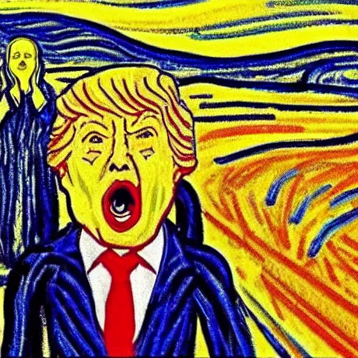 Image similar to donald trump as edvard munch's the scream, van gogh's the starry night in the background