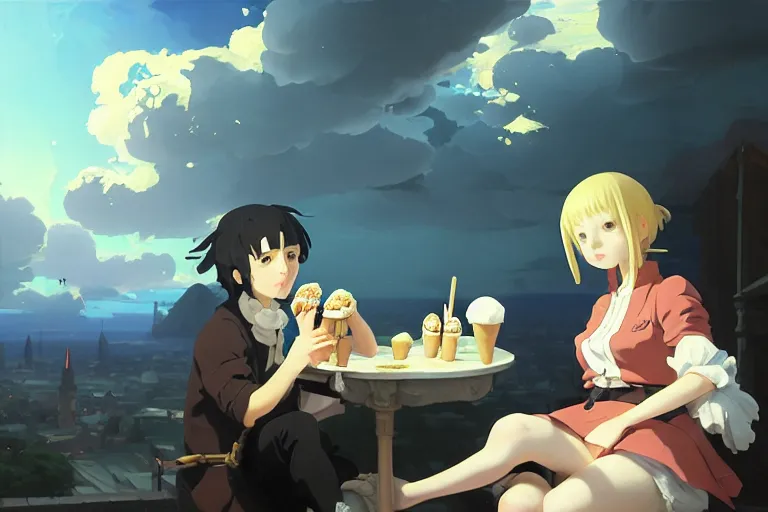 Image similar to baroque oil painting of anime key visual environment concept art of anime girl as joe biden, eating ice cream, brutalist, dark fantasy, rule of thirds, fake hidden detail, trending on pixiv fanbox, acrylic palette knife and brush, style of makoto shinkai studio ghibli genshin impact jamie wyeth james gilleard greg rutkowski