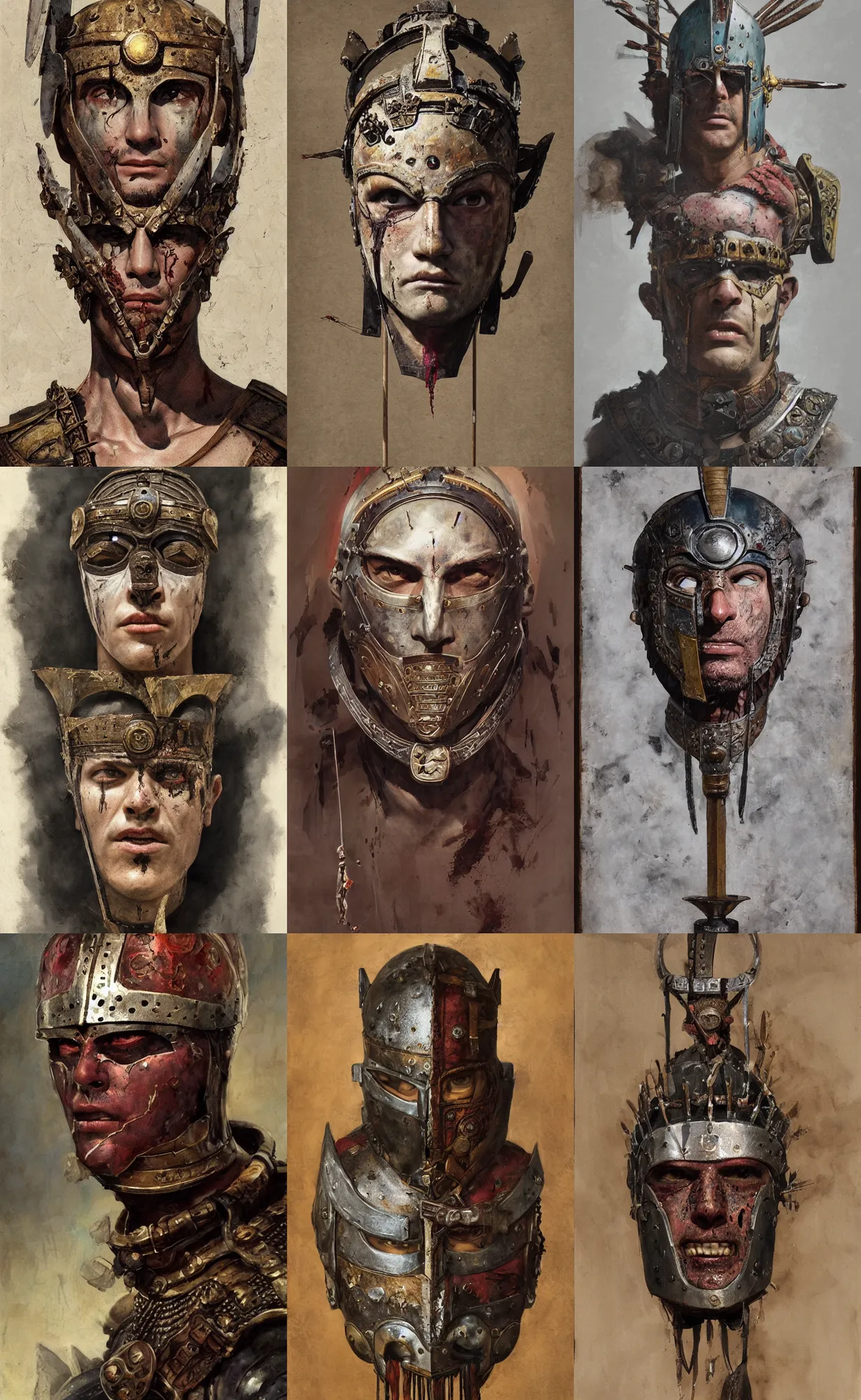 Prompt: A mixed media portrait painting of a man wearing the roman gladiator mask-of-Damocles, detailed mask, detailed jaw and eyes, dried blood, by Frank Frazetta, Greg Rutkowski, Beeple, Yoko Taro, Christian MacNevin, epic fantasy character art, roman numerals, high fantasy, CGsociety, full length, exquisite detail, post-processing, masterpiece, cinematic