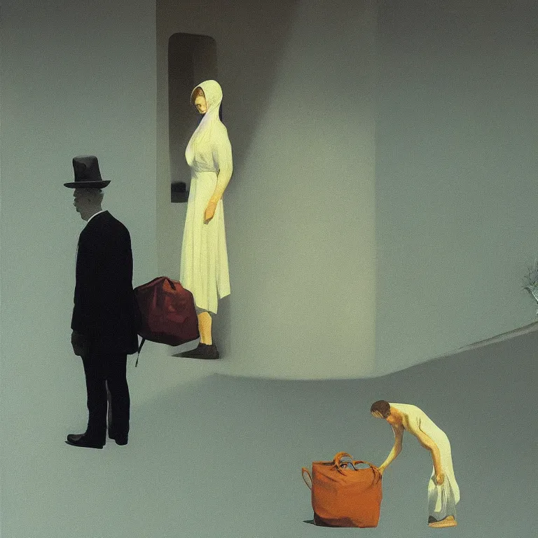 Prompt: bag over the head, Edward Hopper and James Gilleard, Zdzislaw Beksinski, Steven Outram highly detailed