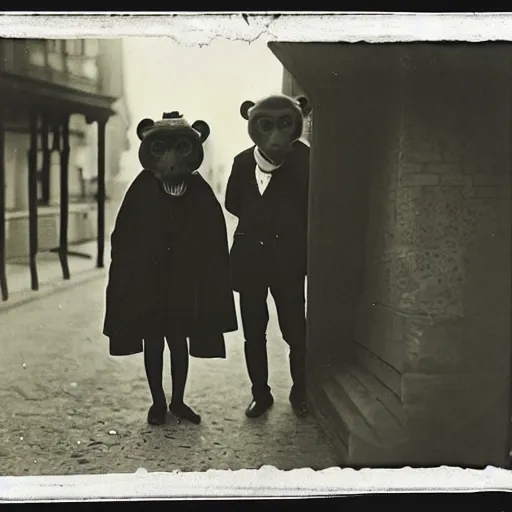 Image similar to portrait of people wearing monkey masks, photograph, style of atget, 1 9 1 0, creepy, dark