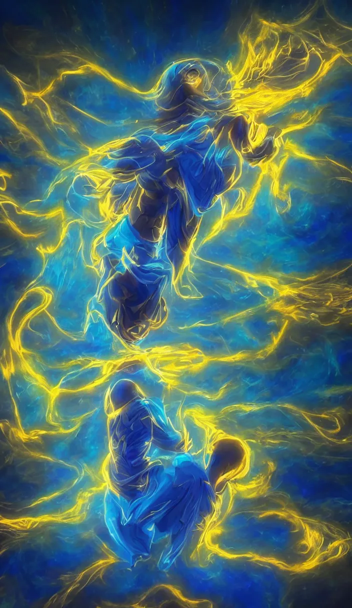 Image similar to a holy blue astral projection ghost adsonii floating in mid air with a golden psychedelic aura, strong dramatic cinematic lighting, smooth, sharp focus, extremely detailed