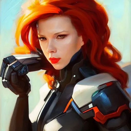 Image similar to greg manchess portrait painting of black widow as overwatch character, medium shot, asymmetrical, profile picture, organic painting, sunny day, matte painting, bold shapes, hard edges, street art, trending on artstation, by huang guangjian and gil elvgren and sachin teng