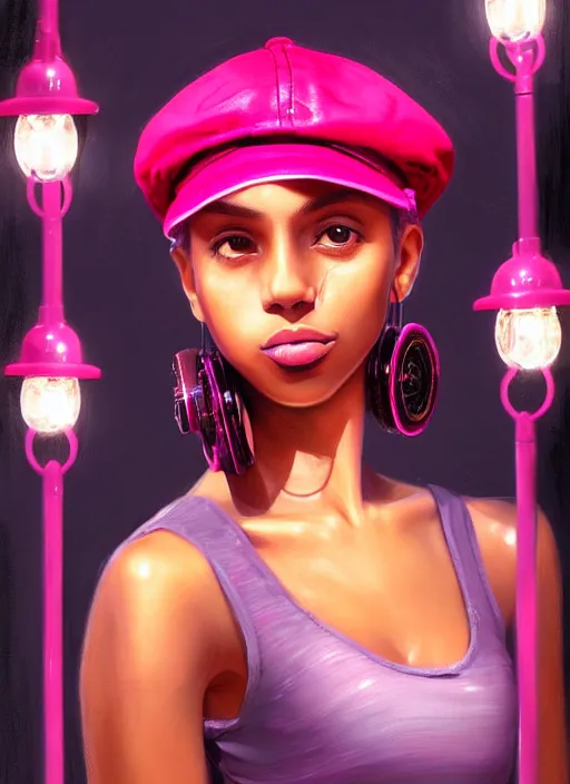 Image similar to portrait of teenage vanessa morgan with bright pink hair, black girl, vanessa morgan, curly pixie cut hair, wearing newsboy cap, newsboy cap, hoop earrings, intricate, elegant, glowing lights, highly detailed, digital painting, artstation, concept art, smooth, sharp focus, illustration, art by wlop, mars ravelo and greg rutkowski