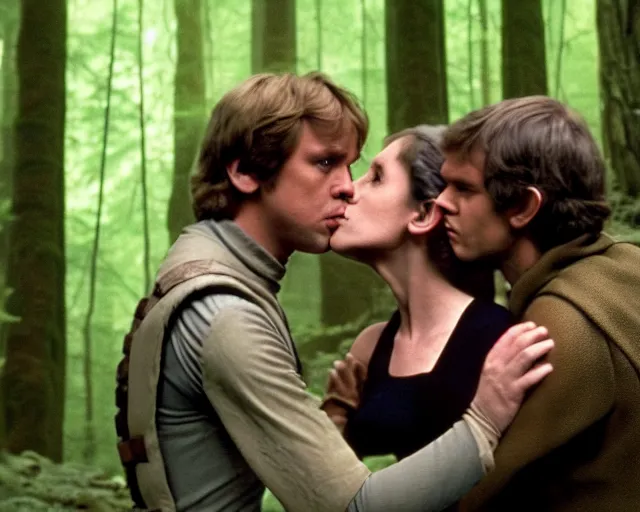 Prompt: luke skywalker, princess leia and han solo hugging and kissing in the forest of endor in a modern remake of return of the jedi