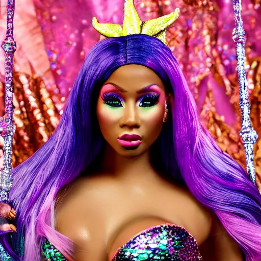 Prompt: photo of nicki minaj as a mermaid superstar, very detailed, full body shot, 50mm dslr, f/5.6