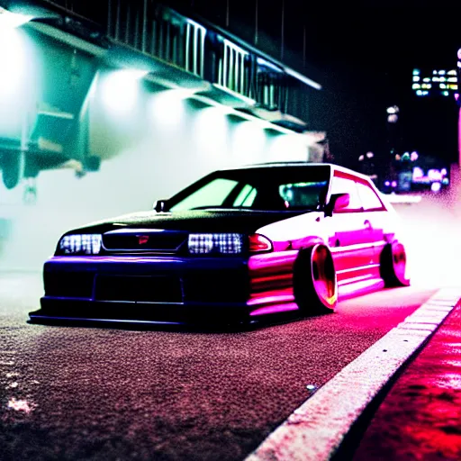 Image similar to a car JZX100 twin turbo drift at illegal car meet, Shibuya prefecture, city midnight mist lights, cinematic lighting, photorealistic, highly detailed wheels, high detail