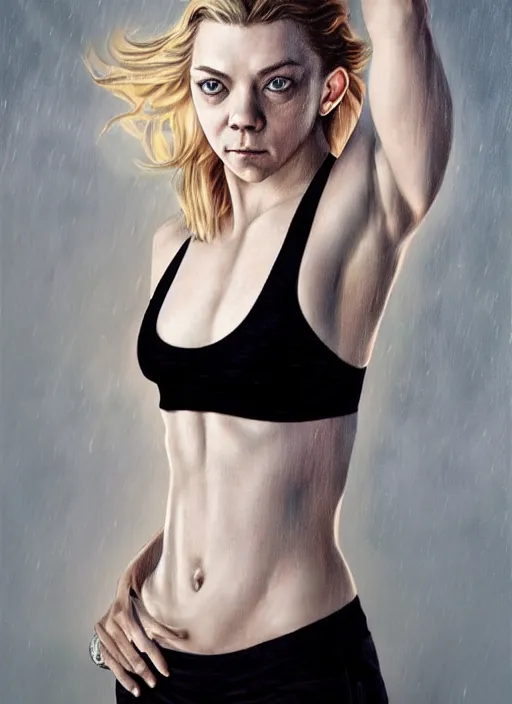 Prompt: full length photo of a very sweaty Natalie Dormer in a wet tanktop in the style of stefan kostic, full extremely slim body, not realistic, sharp focus, 8k high definition, insanely detailed, intricate, elegant, art by stanley lau and artgerm