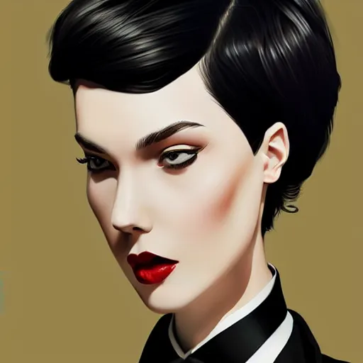 Image similar to slim girl in tuxedo with short black hair, elegant, 2d, ultra highly detailed, digital painting, smooth, sharp focus, artstation, portrait art by Ilya Kuvshinov