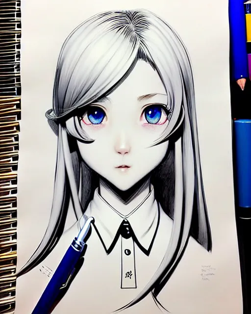 Image similar to depicting a young mischievous female prep school student with medium length bright blonde hair and pale skin, in an old study room, complex artistic color ink pen sketch illustration, subtle detailing, artwork by Artgerm and Range Murata.