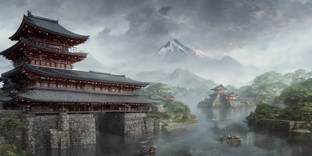 Image similar to japan middle age, giant fortress with cannons guarded by samurais, is built on a strong old wooden bridge, giant goddess with swords, morning, matte painting, concept art, james gurney, greg rutkowski, unreal engine, artstation, john howe