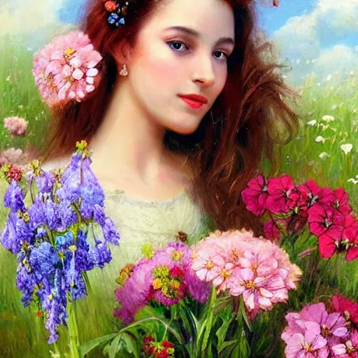 Image similar to a portrait of a romantic woman with flowers grow out of hair, roses peonies forget-me-nots dahlias lupins gladioli, sky theme in background, by Alexandr Averin, Digital Art, Trending on artstation