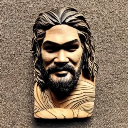 Prompt: wood carving of jason momoa