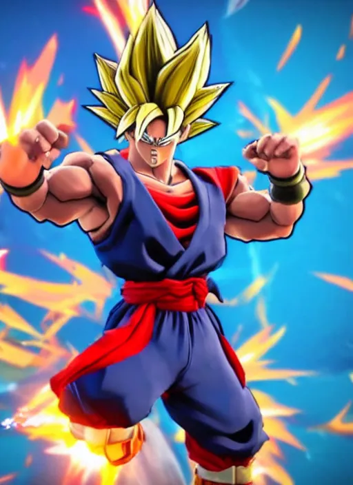 Image similar to game still of a sayan goku as a fortnite skin in fortnite by fortnite, pose.