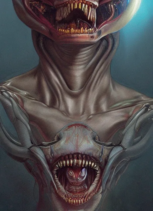 Image similar to a hyper detailed face portrait of ellen ripley becoming a xenomorph, by tom bagshaw, by zdzisław beksinski, trending on artstation