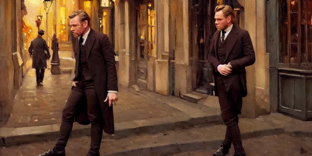 Image similar to we see ewan mcgregor from side. he is dressed as a gentleman at early 2 0 th century paris. atmospheric feeling, warm colours, brown colours, yellow colours, epic scene, cinematic, very detailed, oil painting