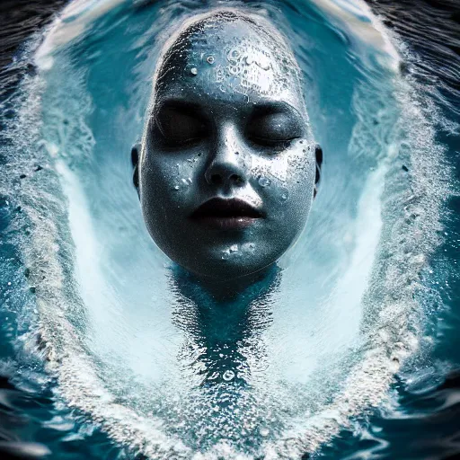 Image similar to water in the shape of a human head on the ocean, water manipulation photoshop, behance, ray tracing, cinematic, in the style of johnson tsang, long shot, hyper detailed, hyper realistic, 8 k resolution, sharp focus, realistic water, award winning