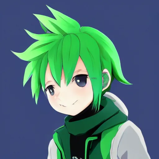 Image similar to a cute anthropomorphic anime boy with big squirrel ears, and a bushy tail and green hair. he wears a baggie blue hoodie. in the style of black clover. award winning video game character concept art. unreal engine octane render dramatic lighting dof