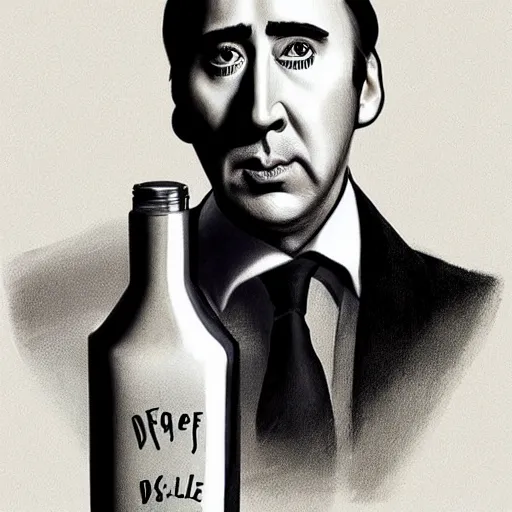 Image similar to Drinking from bottle liquid with face Nicolas Cage, Surrealism, Surreal drawing, Digital art, from artstation, art by Salvador Dali