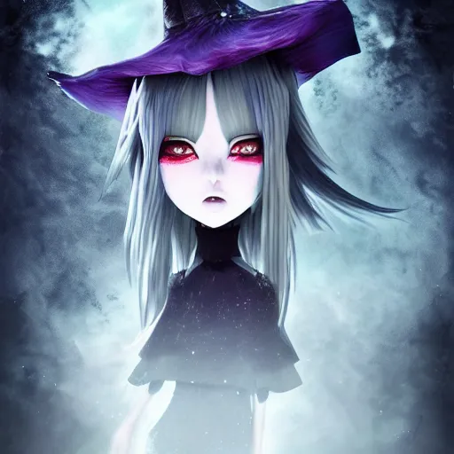 Prompt: portrait of beautiful darkness witch as a 3D anime girl, dark forest moonlight background, inspired by Tim Burton, digital painting, unreal engine render, volumetric light, high détail