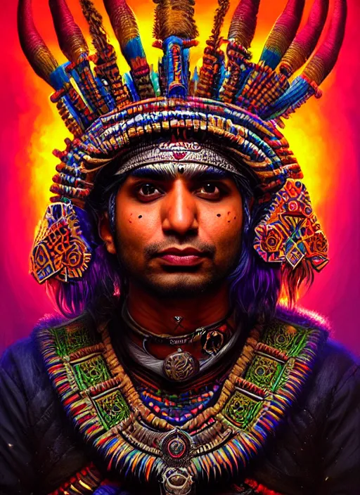 Image similar to portrait of kunal nayyar, hyper detailed ultra sharp aztec shaman warrior. trending on artstation, warpaint aesthetic, bloodwave, colorful, psychedelic, ornate, intricate, digital painting, concept art, smooth, sharp focus, illustration, art by artgerm and greg rutkowski and h. r. giger, 8 k