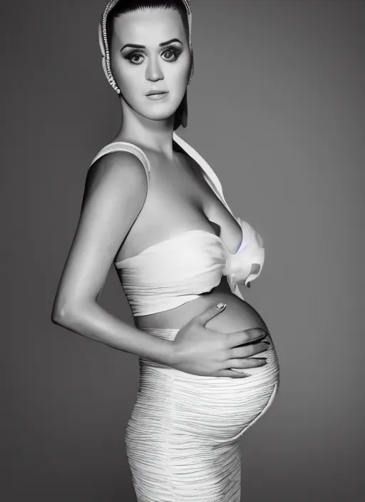 Image similar to photograph of pregnant katy perry in a white dress, intricate, elegant, highly detailed, smooth, sharp focus, symmetrical face, fine details, trending on artstation, 4 k hdr 3 5 mm photography