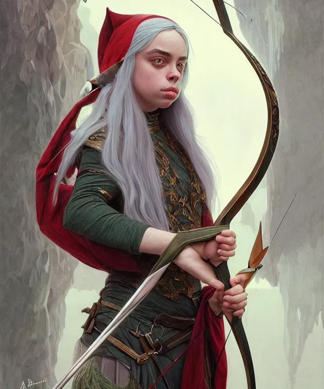 Image similar to Billie Eilish as a fantasy elf with a bow and arrow, portrait, fantasy, intricate, elegant, highly detailed, digital painting, artstation, concept art, smooth, sharp focus, illustration, art by artgerm and greg rutkowski and alphonse mucha