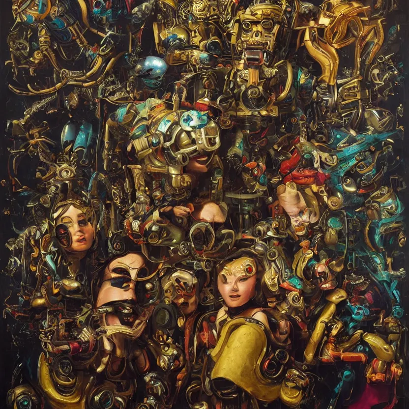 Image similar to a baroque portrait painting of a retrofuturistic robot wearing an intense tribal mask surrounded by fantasy fairies. pulp sci - fi art for omni magazine. high contrast. dark background. baroque period, oil on canvas. renaissance masterpiece. muted colors, soft gradients. trending on artstation. retrofuturism.