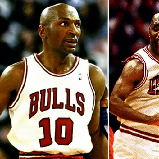 Image similar to frodo baggins blocking michael jordan, nba