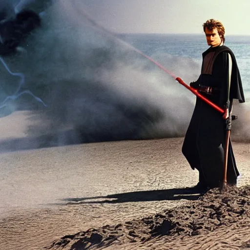 Prompt: Hayden Christensen as Anakin Skywalker Vacuuming the beach for sand, photo,
