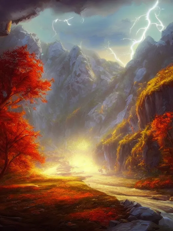 Image similar to a wonderful land with four season in one day, autumn, spring, winter, summer, landscape, artstation, high detailed, cinematic lightning by tyler edlin