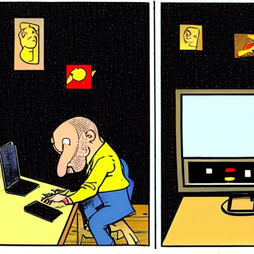 Prompt: man using a computer in a dark room, in the style of a far side comic