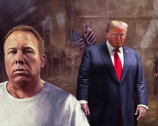 Prompt: Alex Jones standing beside donald trump in a prison jail cell, craig mullins, octane