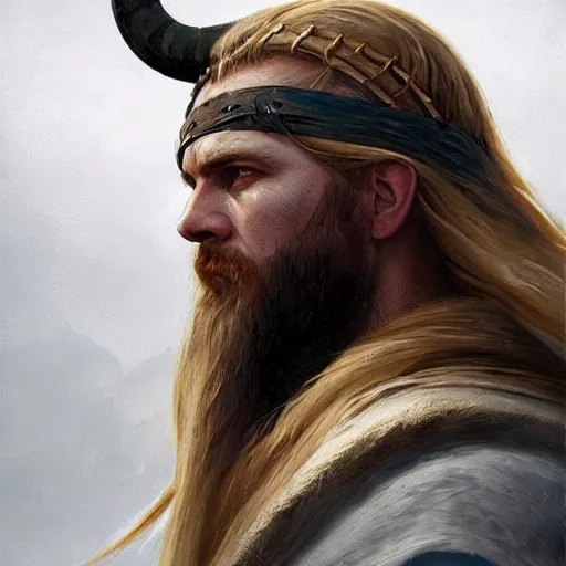 Image similar to a beautiful artwork side profile portrait of a viking warrior with long blonde hair and beard with horns by greg rutkowski , featured on artstation, norse mythology, valhalla