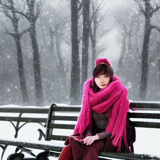 Image similar to highly detailed and intricate wlop artwork of a beautiful woman wearing warm winter clothes and a pink scarf sitting on a park bench in the fall, volumetric lighting, extremely complex, trending on artstation, featured on behance, 4 k, 8 k, 1 6 k