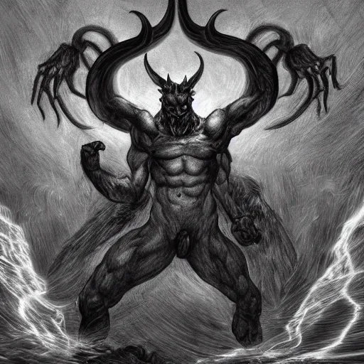 Image similar to full body, grayscale, Gustave Dore, Sorie Kim, muscled humanoid balrog demon, horns, claws, large horned tail, heroic pose, swirling flames