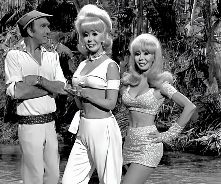 Image similar to barbara eden as jeannie is a guest - star on an episode of gilligan's island with gilligan and the skipper, video still, hyperrealistic, very detailed and lifelike