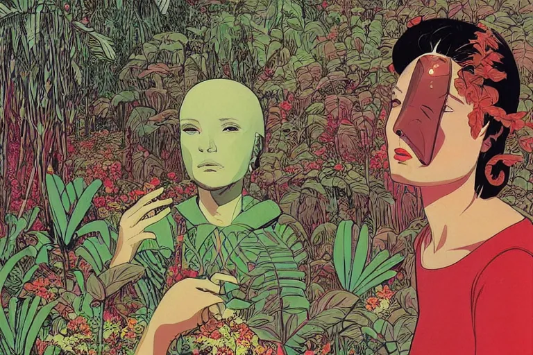 Image similar to gigantic woman head, a lot of exotic vegetation around, trees, flowers, risograph!, oldschool vintage sci - fi flat surreal design, super - detailed, painting by moebius and satoshi kon