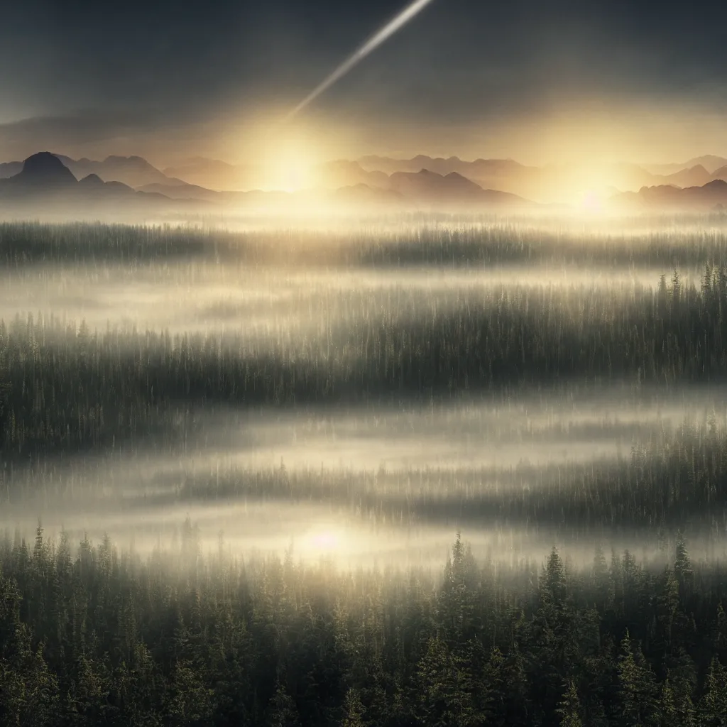Image similar to epic taiga with a lake, golden hour, misty ground, rocky ground, distant mountains, atmospheric perspective, altostratus clouds, planets, cinematic, 3 5 mm lens, anamorphic lens flare, photographic, octane render, cinematography by roger deakins, in the style of ansel adams