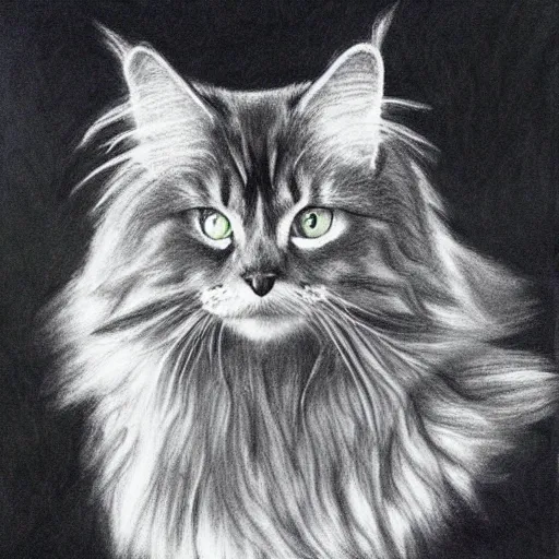 Prompt: long - haired siberian cat, illustration, charcoal, coulson, peter