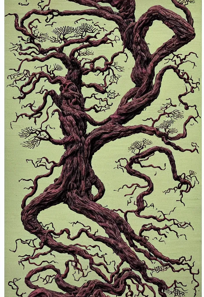 Image similar to prompt: anatomy dissection drawing veins and organs tree character drawn by Takato Yamamoto, bonsai anatomy atlas, veins and organs attached to tree roots, alchemical objects inspired by 1980's sci-ci, old experimentation cabinet, intricate oil painting detail, manga 1980