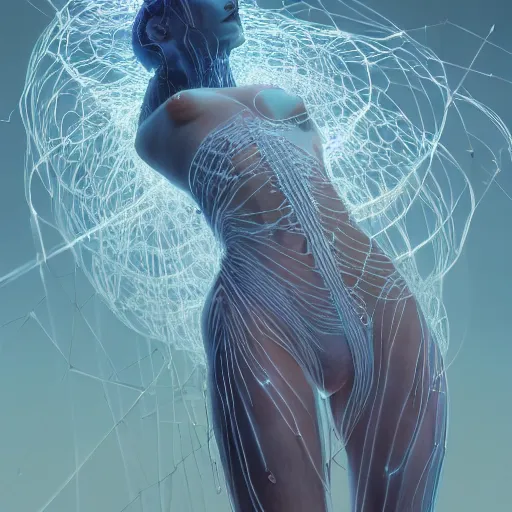 Image similar to Woman, spiky tesseract-shaped ice crystals on skin, 150mm, shiny, flat background, glowing, wires everywhere, by Edgar Maxence and Ross Tran, Zdzisław Beksiński, and Michael Whelan, distant, gustav dore, H.R. Giger, 8k, octane render