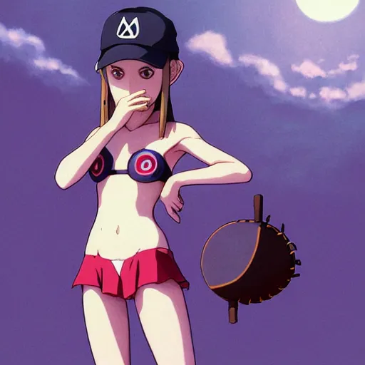 Image similar to beautiful boyish natalie portman alluring gravure model in majora's mask, wearing wooden mask and baseball cap and leotard, street wear with subtle mayan patterns, aztec bathing suit, gapmoe yandere grimdark, trending on pixiv fanbox, painted by greg rutkowski makoto shinkai takashi takeuchi studio ghibli, akihiko yoshida