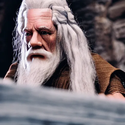 Prompt: macro shot of Gandalf sitting on a table in the hall of a great castle