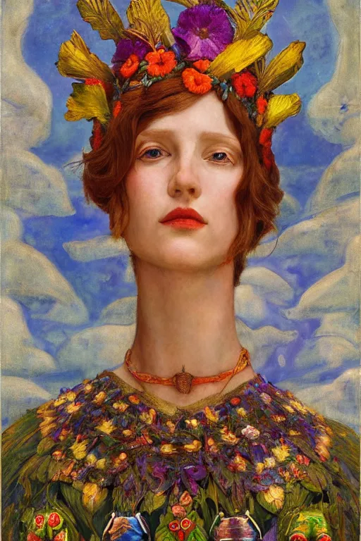 Image similar to queen of summer, by Annie Swynnerton, and Nicholas Roerich and Tino Rodriguez , elaborate headdress and embroidered velvet, iridescent beetles, rich color, dramatic cinematic lighting, extremely detailed, featured on artstation