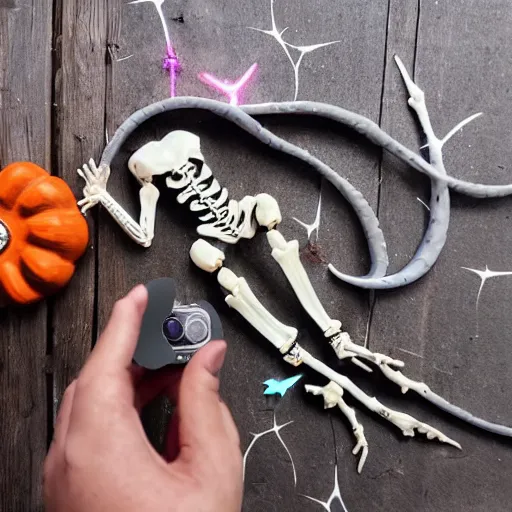 Prompt: stop motion bipedal halloween eel snake skeleton fantasy mermaid with a fish bone body, on a spray painted cardboard dock with a hand painted night sky full of led glittery stars, adorable, side profile, macro camera lens