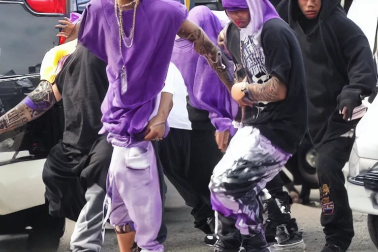 Prompt: justin bieber as a gang member wearing a purple head covering made from a polyester or nylon material and a stained white tank top caught dealing drugs inside a detroit gang trap house, arms covered in gang tattoo, paparazzi, leaked footage, uncomfortable, bad quality